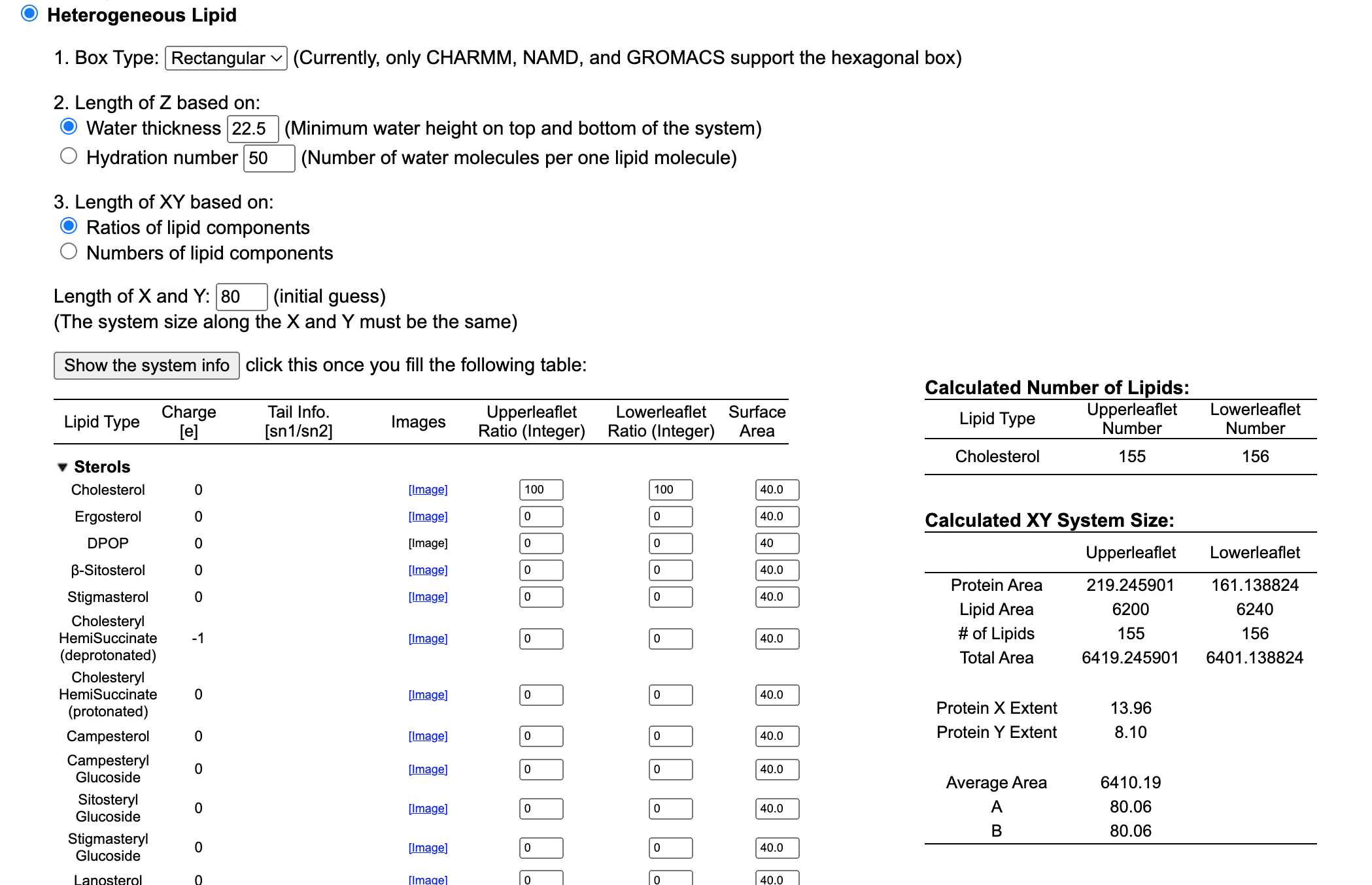 Select membrane composition and system size in CHARMM-GUI