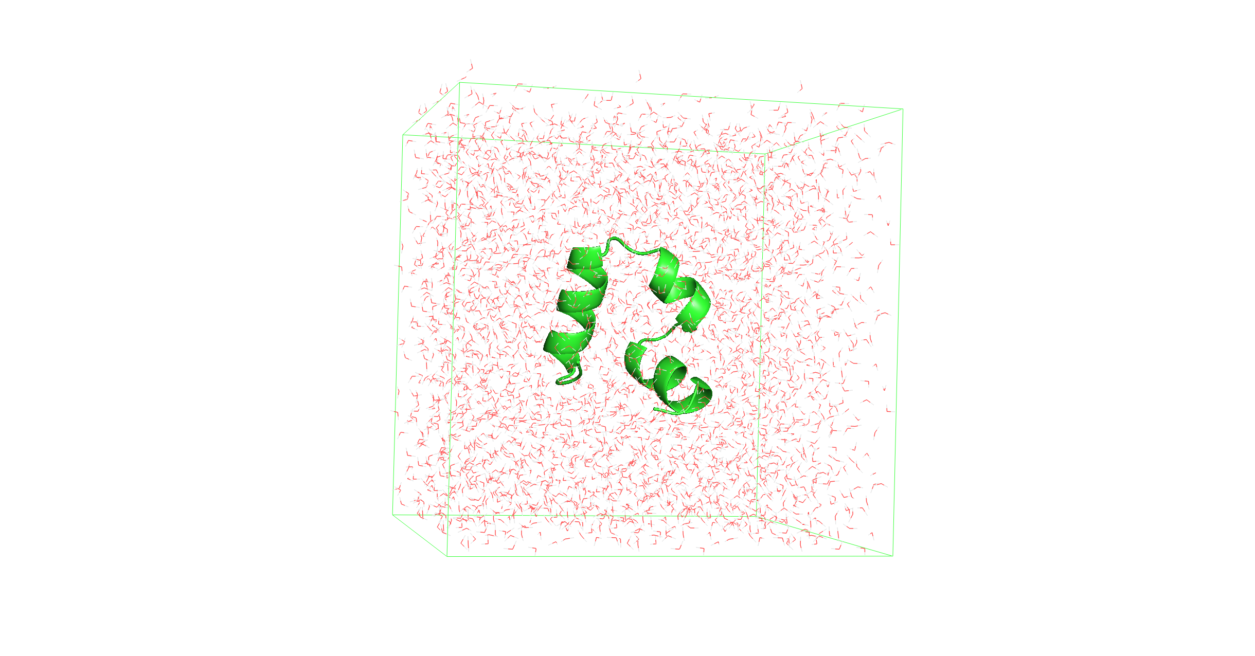 Illustration of the chicken villin subdomain in a solvated simulation box