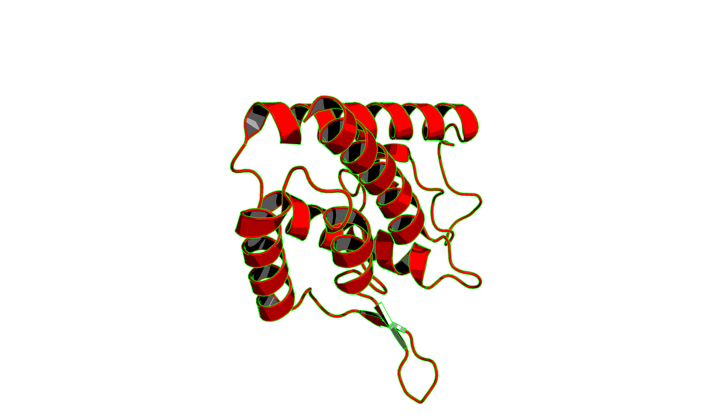  Ray trace mode of a protein in PyMOL with quantized colors plus green outline