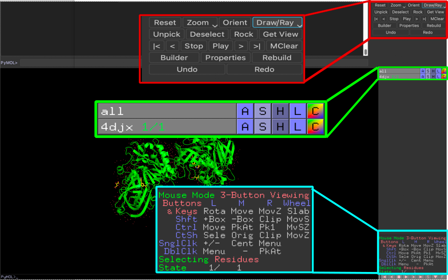 The interface of the molecular visualization software PyMOL once you load a molecule