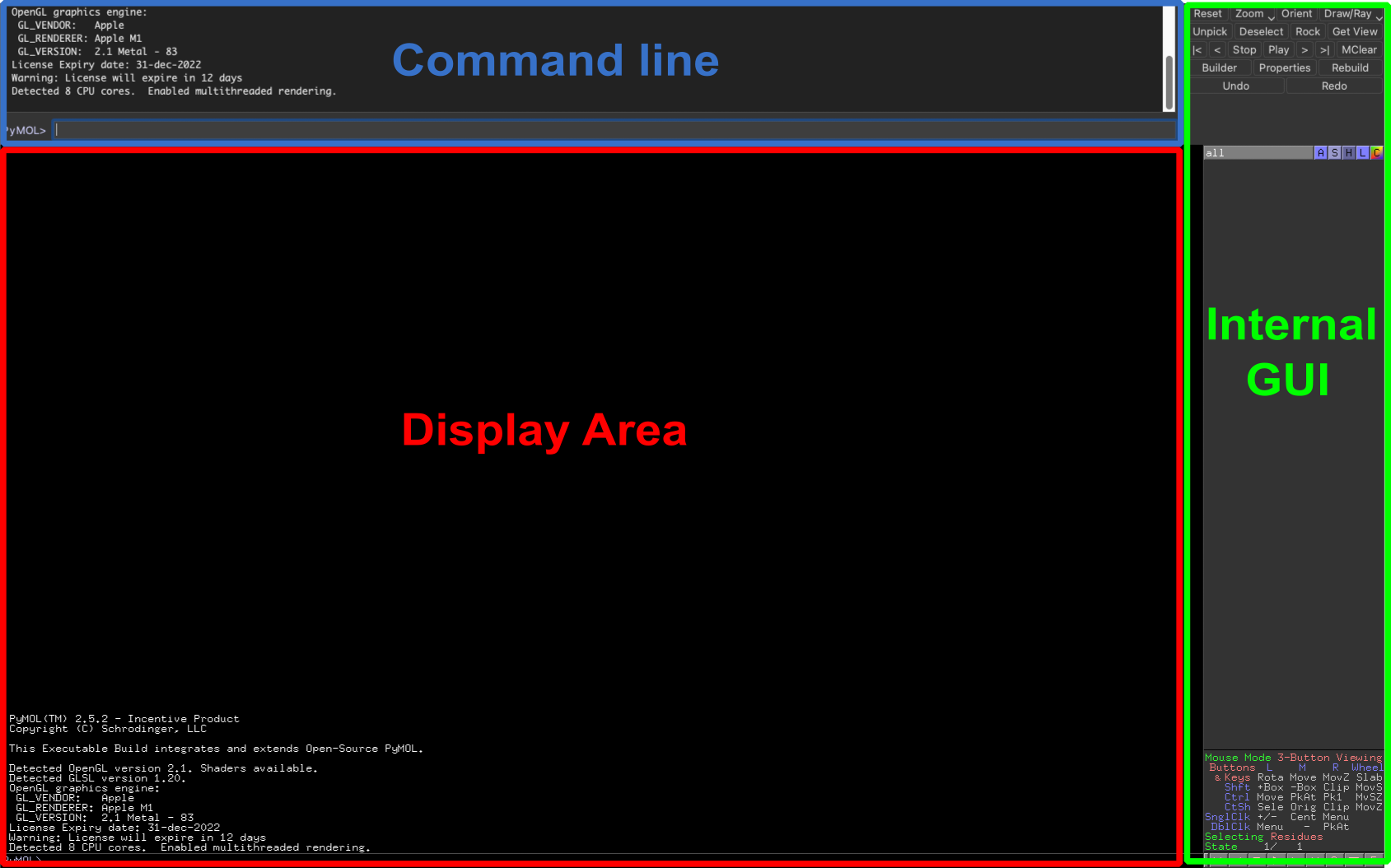 The interface of the molecular visualization software PyMOL when you initially load the program.