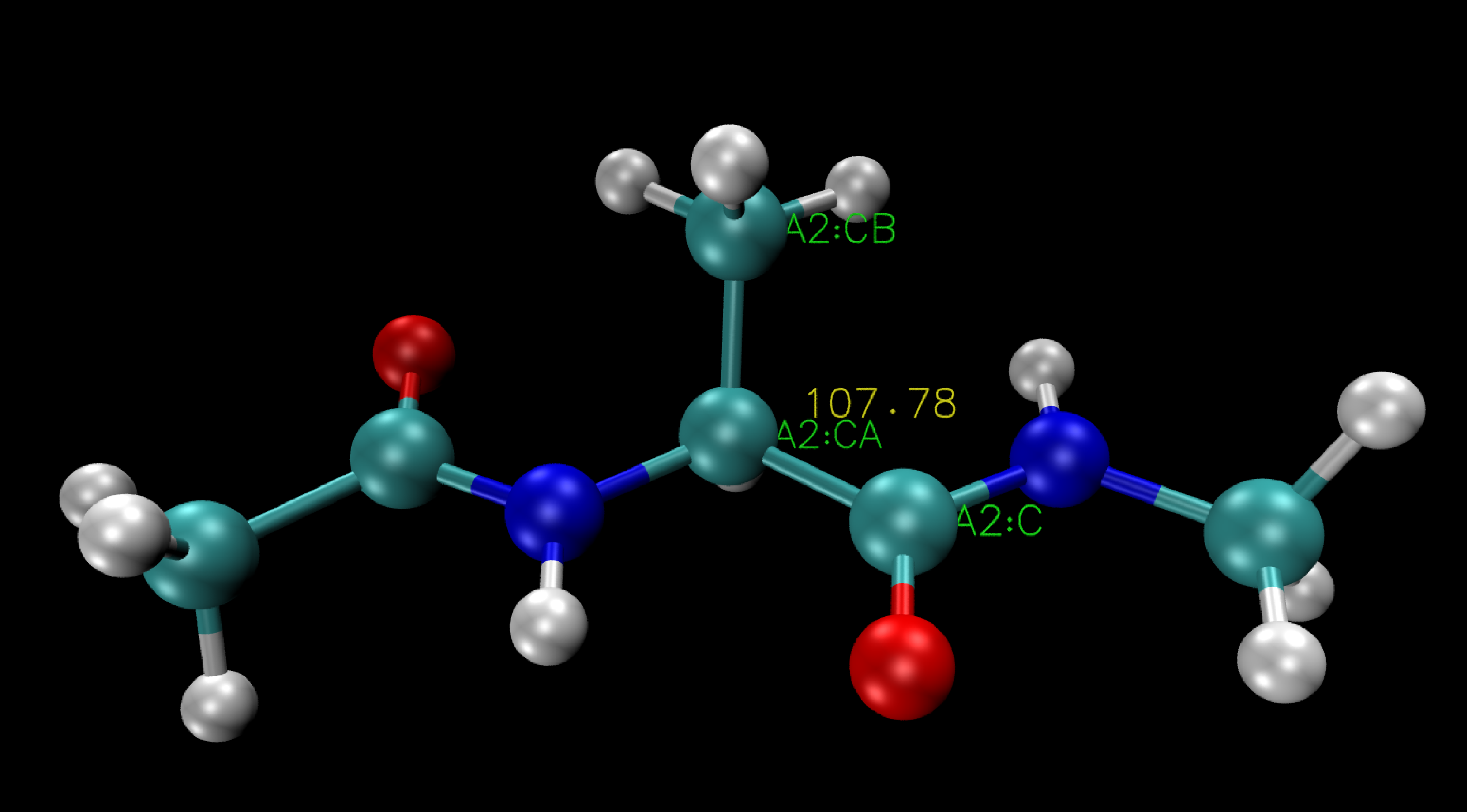 Angle measurement between three atoms in alanine dipeptide using VMD