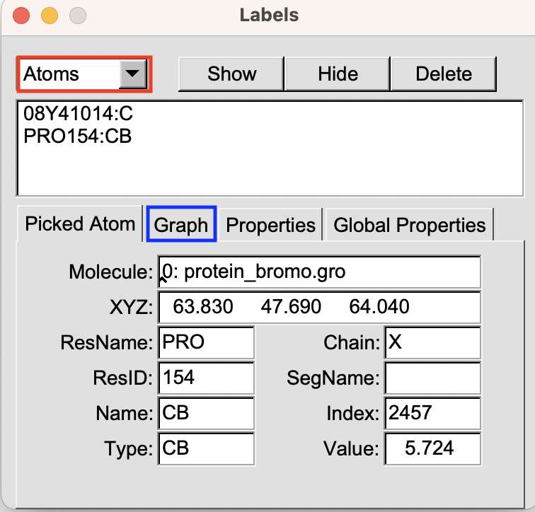 Label panel in VMD used to plot and select atoms
